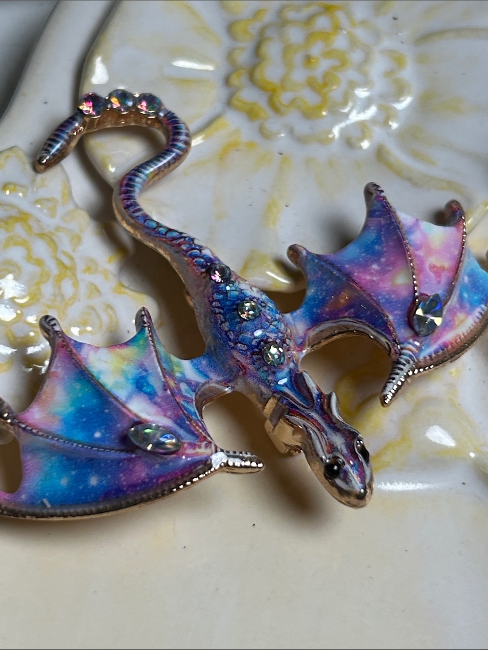 Iridescent Dragon Brooch - Multicolor Enamel & Rhinestones